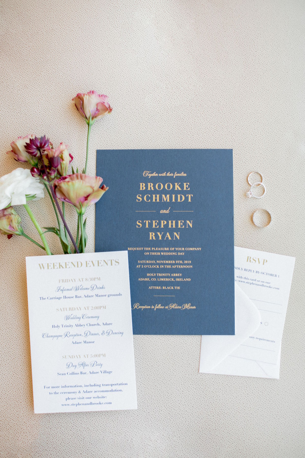 Blue and gold wedding invitation