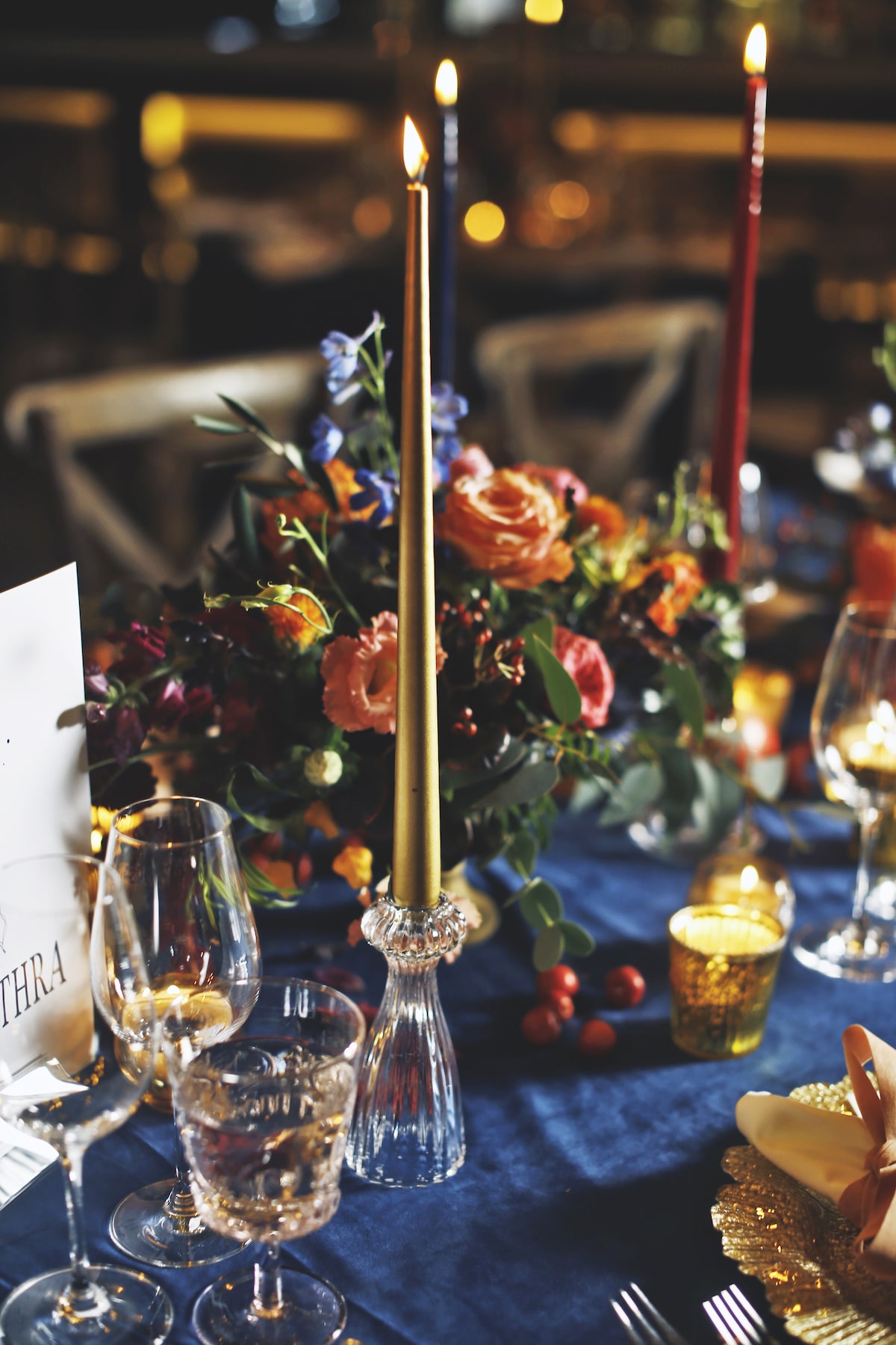 colorful taper candles wedding table décor