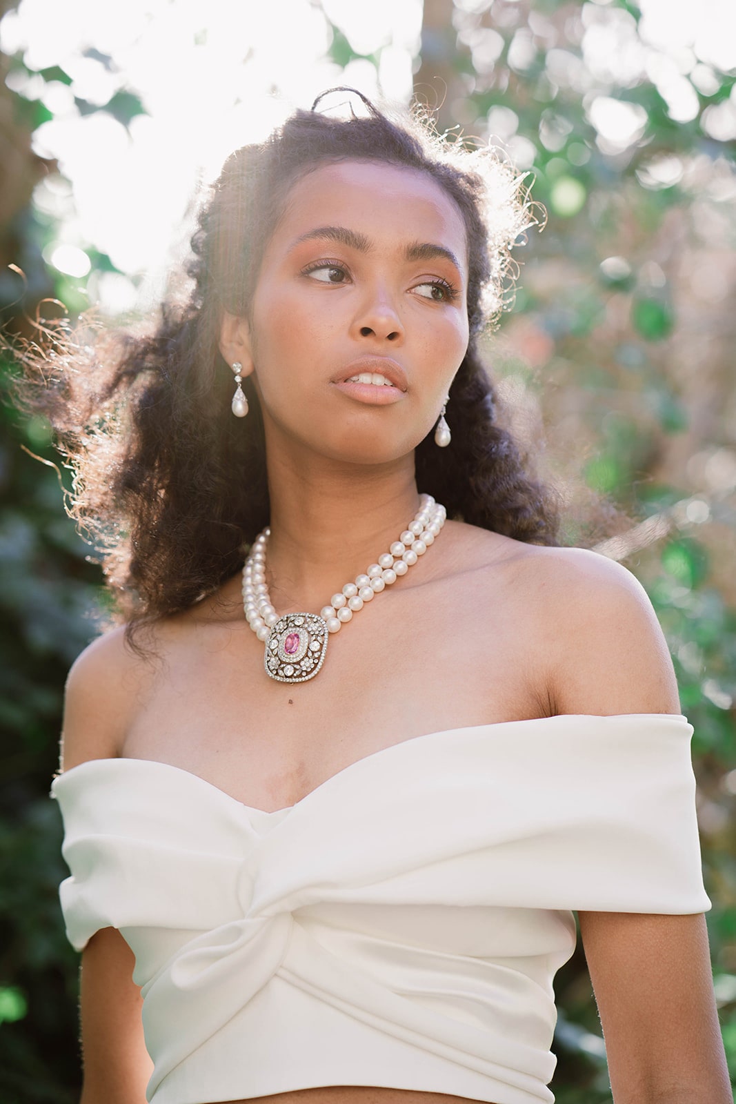 off the shoulder bridal top with antique pearl necklace