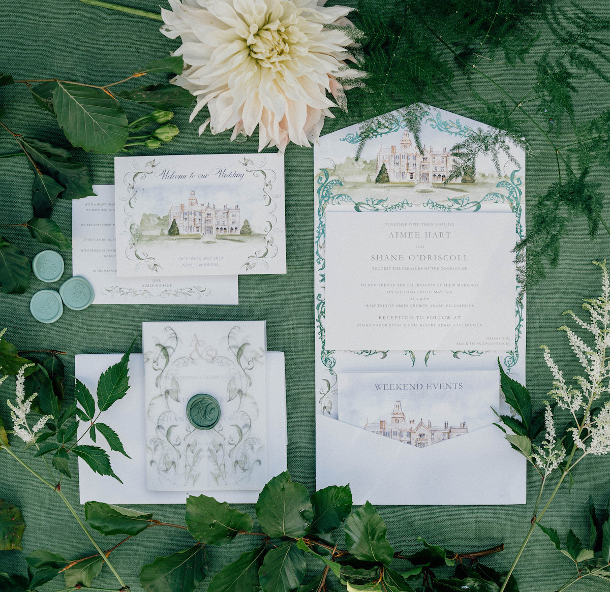 Adare Manor illustration wedding invitation