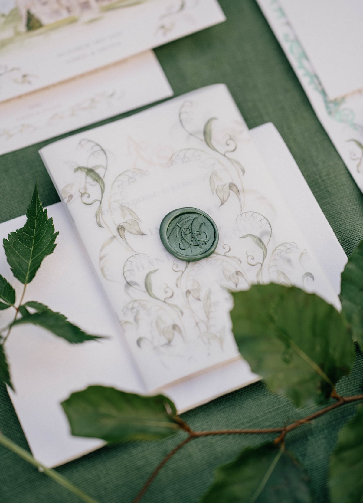 green and white wedding invitation