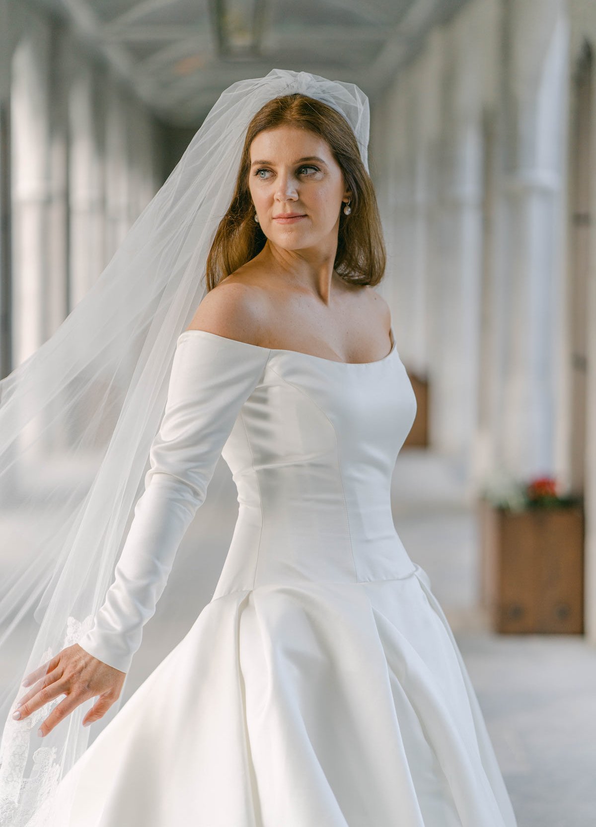 Monique Lhuillier off shoulder wedding dress
