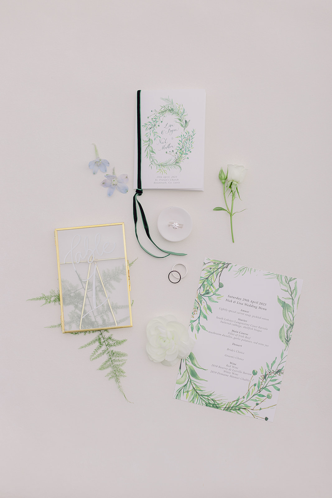 A selection of stationary for a wedding at Ballyin Demesne.